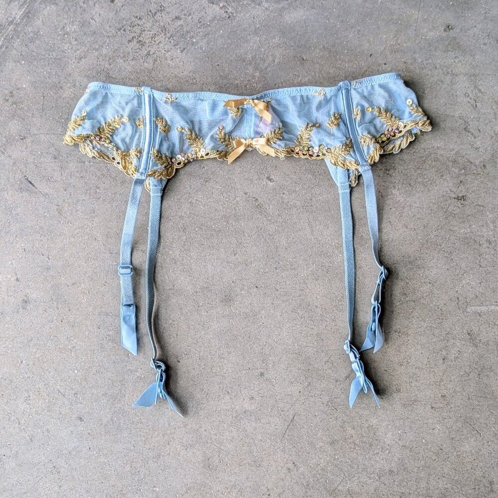 Vintage 2000s Victoria's Secret Blue Mesh Gold Sequin Beaded Garter Belt medium
